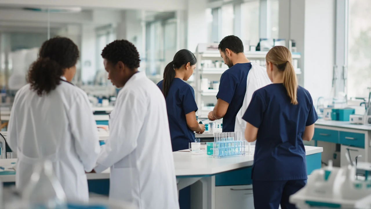 A small laboratory team working at benches, seen from a distance.